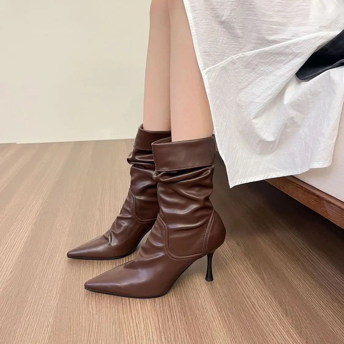 Elastic Short High Heel Boots Women's Autumn Winter Pointed Toe Slim Fit Pleated Booties Mid-Calf Faux Leather Rubber Sole