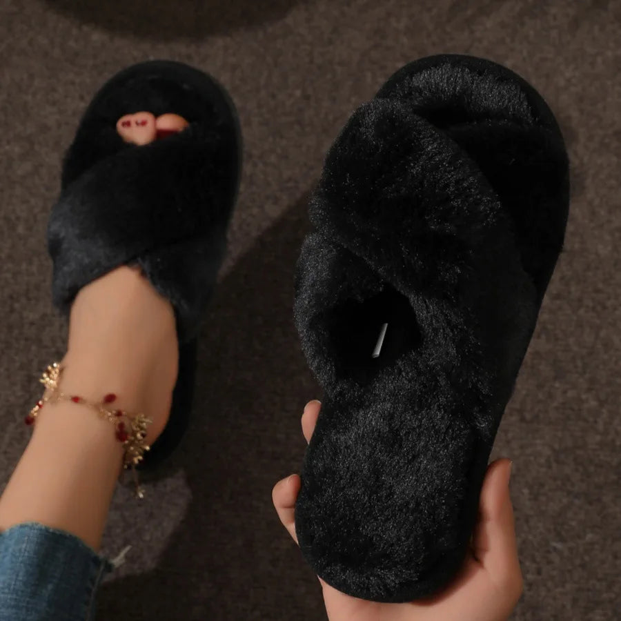 Women’s Furry Cross Band Slippers