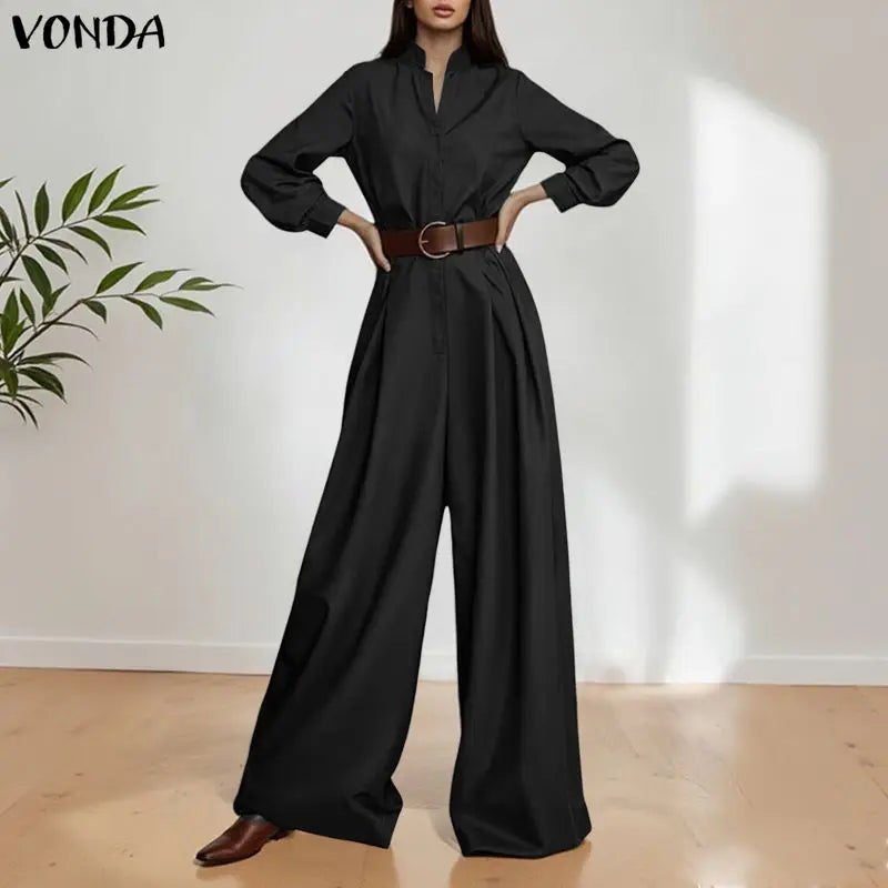 ZANZEA Women Fashion Long Jumpsuits 2026 Summer Long Sleeve Solid Rompers Casual Stand Collar Loose Overalls Streetwear Work