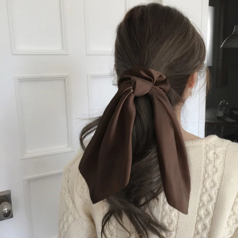 Ins Fashion Satin Hair Scarf Large Bowknot Head Bands Women Elegant Brown Scarf Hair Bands Retro Ponytail Elastic Hair Ties