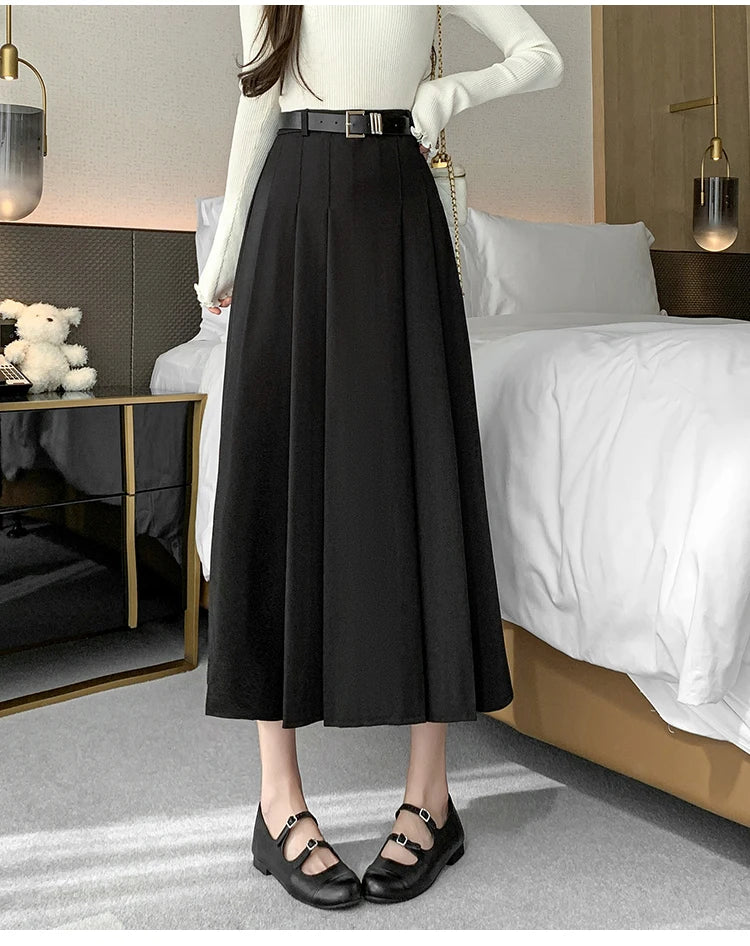 [EWQ] Elegant Solid Color Mid-Length All Match Skirt For Women 2026 Spring Summer Loose High Waist A-Line Pleated Skirts 16O9169