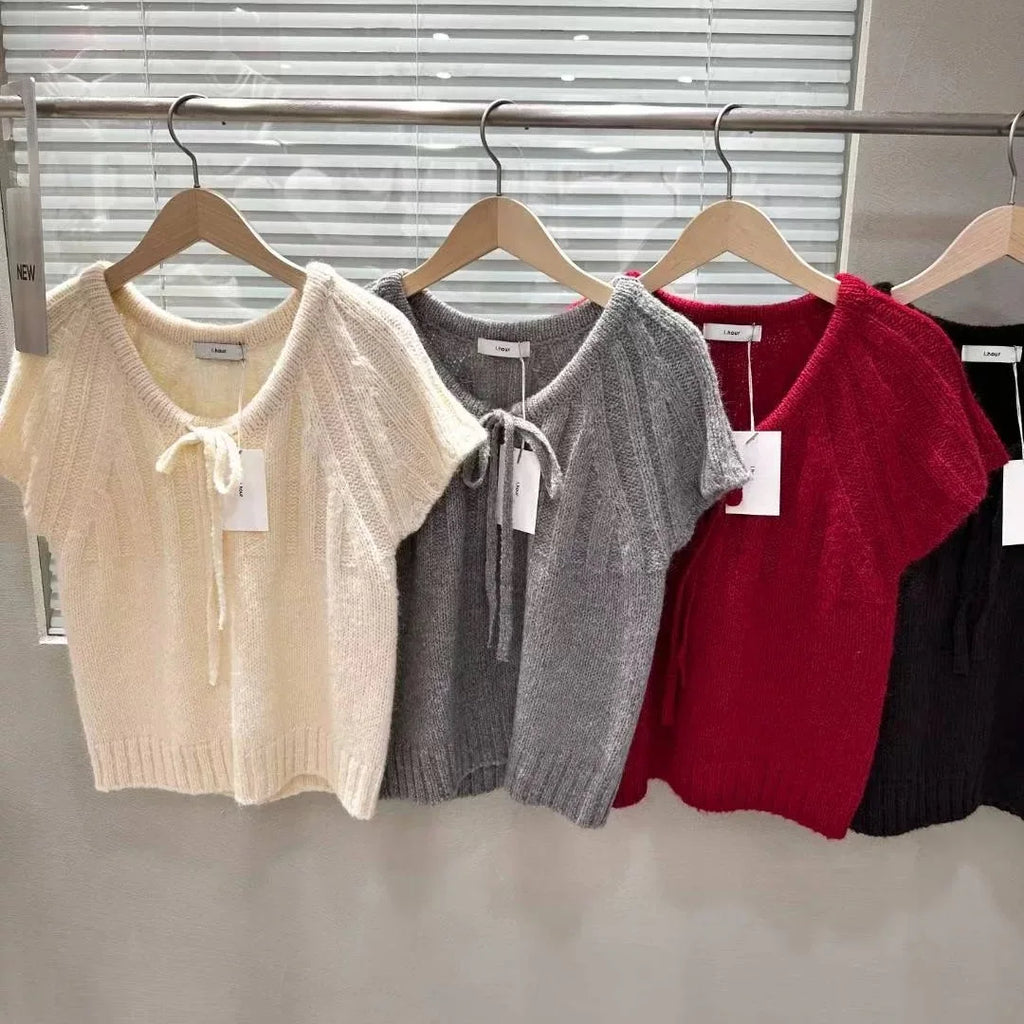 Loose ort Sve Knitted Sweater Women's Dstring Knot  Knot Overhead Sweatirt Casual Sle Online Exclusive