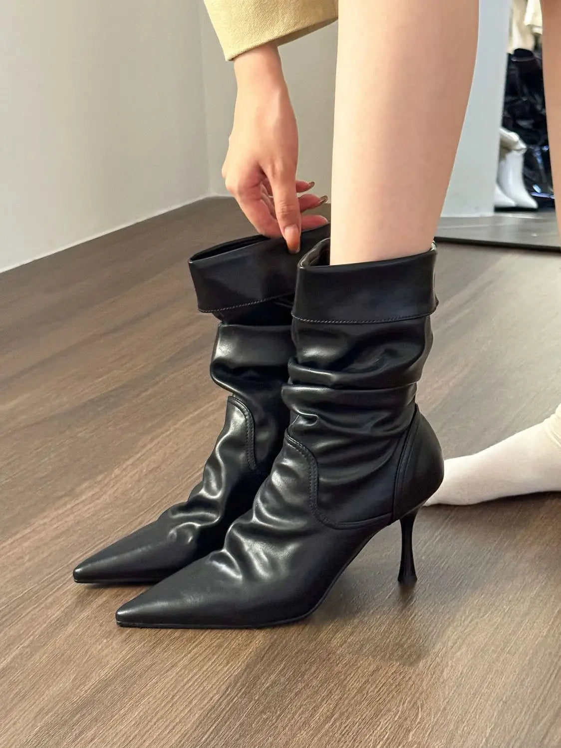 Elastic Short High Heel Boots Women's Autumn Winter Pointed Toe Slim Fit Pleated Booties Mid-Calf Faux Leather Rubber Sole