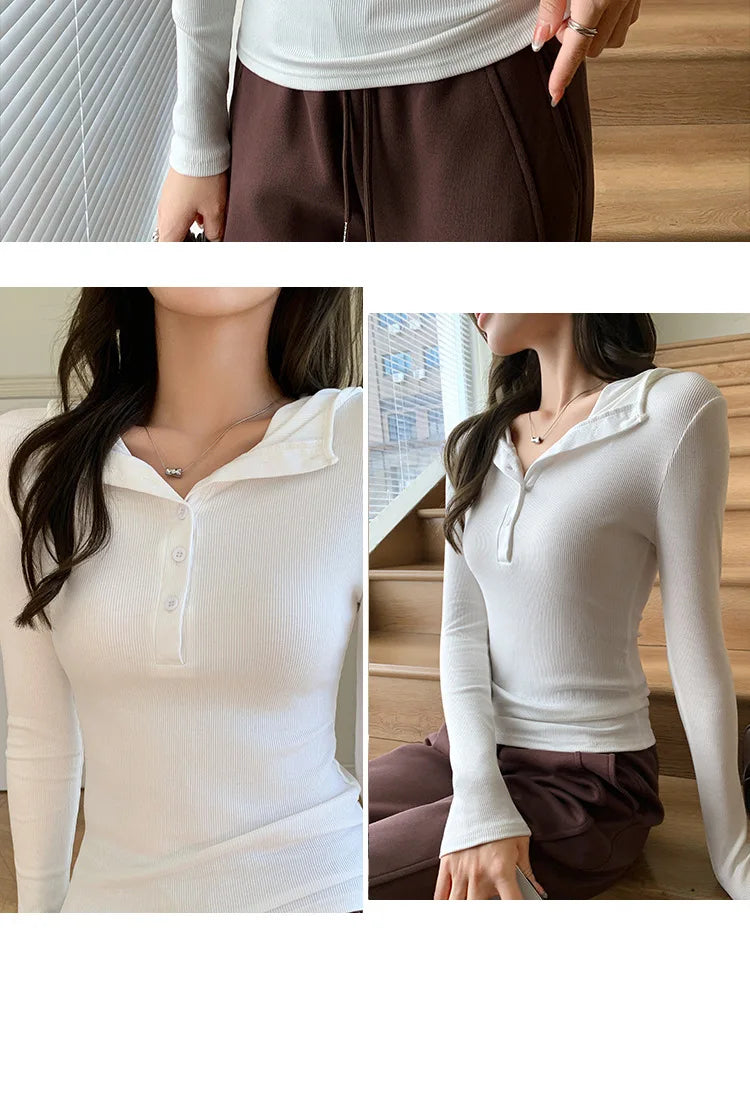 Half-buttoned Hooded Sweatshirt for Women Autumn Winter Striped Inner Layering Shirt Slim Long-sleeved Top T-shirt
