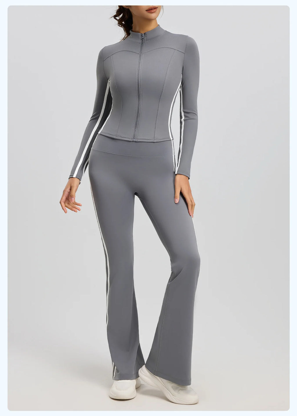 Striped 2pcs Yoga Gym Set Women Long Sleeve Zipper Sport Jacket Hip Lifting Leggings Fitness Running Tops Flare Pants Tracksuit