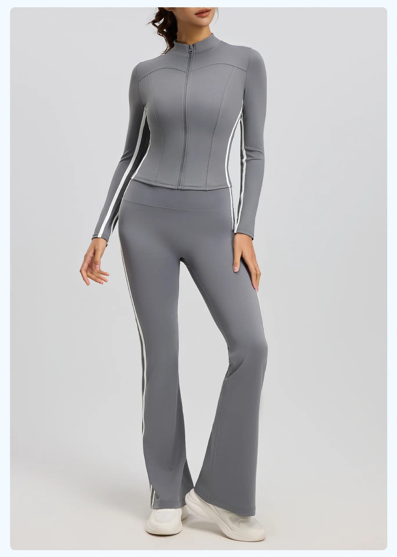 Striped 2pcs Yoga Gym Set Women Long Sleeve Zipper Sport Jacket Hip Lifting Leggings Fitness Running Tops Flare Pants Tracksuit