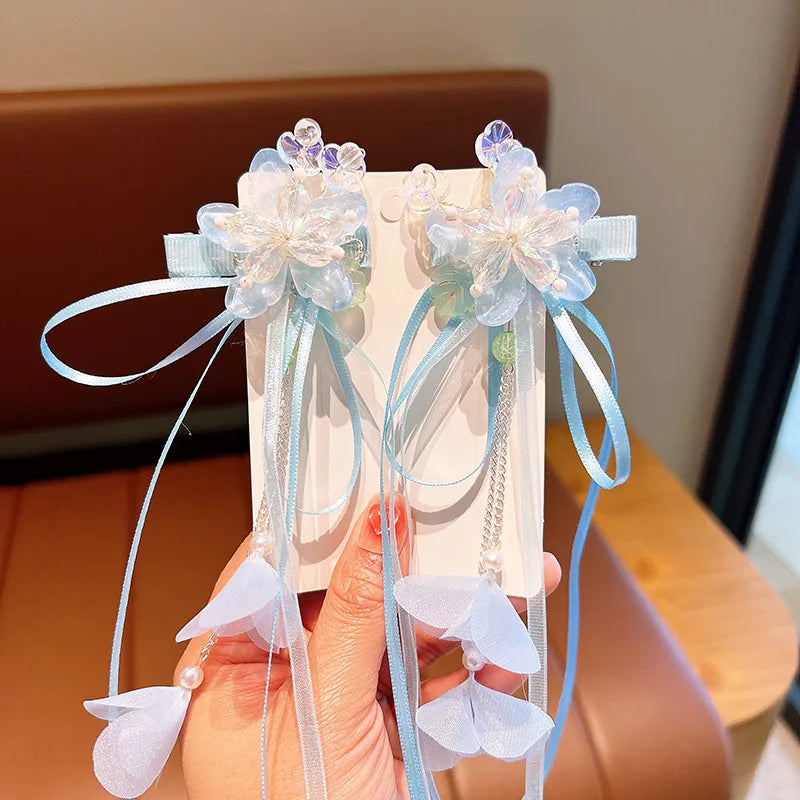 Pink and Blue Ribbon Tassel Hairpin Hair Clip for Children Girl Ancient Style Hanfu Hair Pins Cosplay Hair Accessories