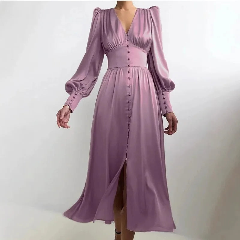 2026 Women's Fashion Satin Dress Lantern Sleeve Waist Slimming Style Elegant Slim Long Dress