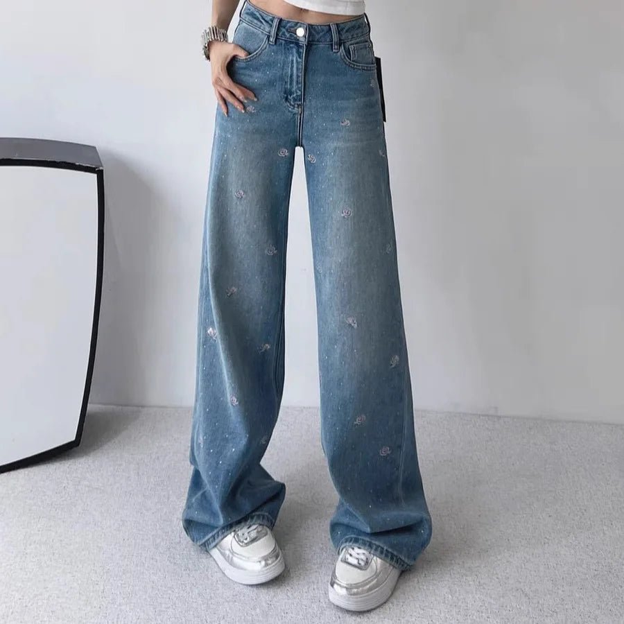 Spring 2025 High Waist Loose Fit Glitter Embroidered Floral Denim Pants Women's Wide Leg Jeans Stylish Casual High Waist