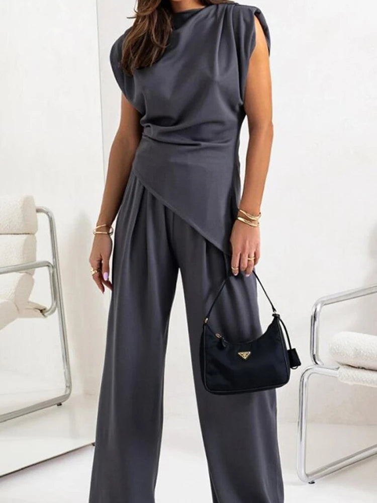 Women's OL Sets Two 2 Pcs Sale Casual O-Neck Sleeveless Irregular Shirt Tops& Pocket Wide Leg Loose Pant Suits OUCFS-W3038