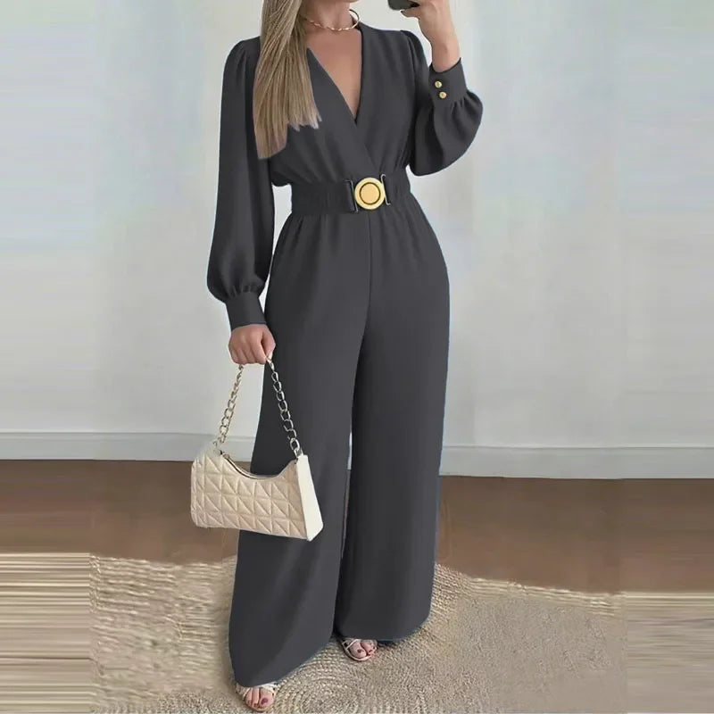 V Neck Solid Long Jumpsuits Fashion Commuting Belt Lace-Up Puff Sleeves Wide Legger Romper Casual Long Sleeve Women's Playsuit