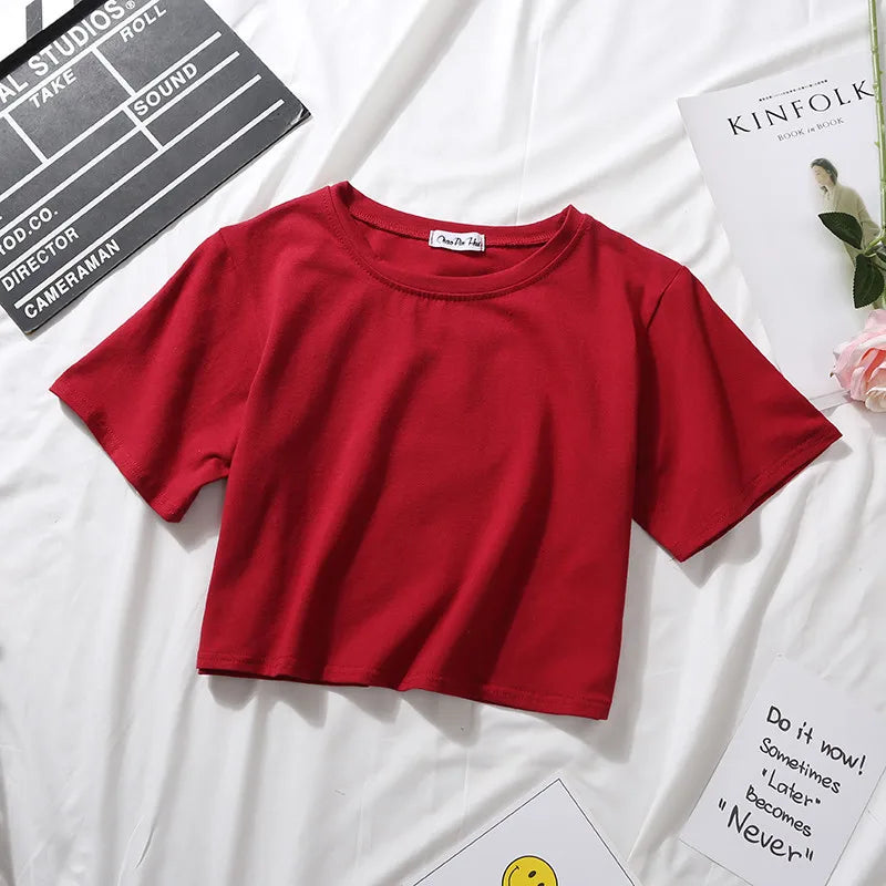 2023 Summer Short Sleeve T Shirts Women Cotton Solid T-shirt O Neck High Waist Crop Top Tee Female Casual Loose T Shirt