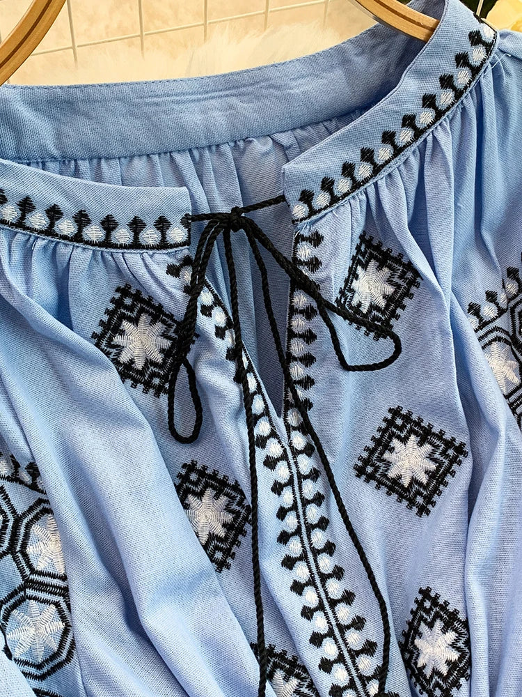 Women's Dress Spring New Style Vintage Embroidery Lace-up O-Neck Versatile Loose Bandage Waist A-line Mid-length Vestidos DS354