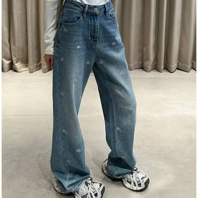 Spring 2025 High Waist Loose Fit Glitter Embroidered Floral Denim Pants Women's Wide Leg Jeans Stylish Casual High Waist
