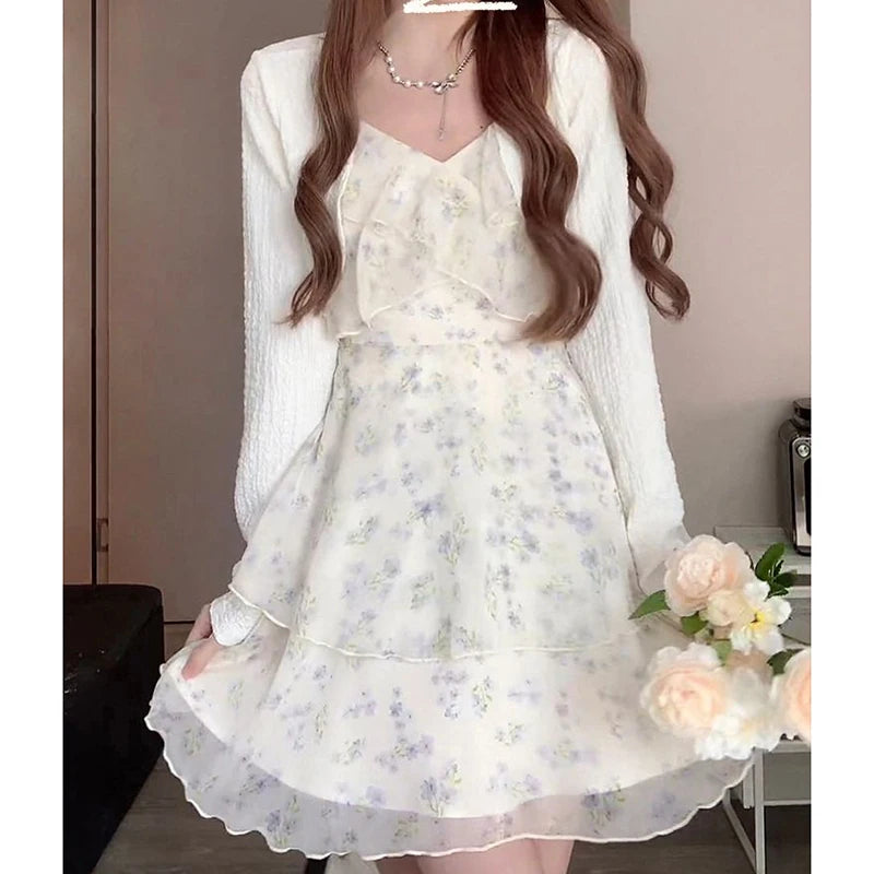 Women Floral Camis Dress Summer Fashion Sexy Sleeveless V Neck Slim Dress Sweet Ruffles Chic Elegant Female Vestidos
