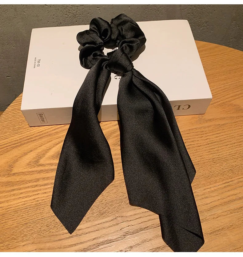 Ins Fashion Satin Hair Scarf Large Bowknot Head Bands Women Elegant Brown Scarf Hair Bands Retro Ponytail Elastic Hair Ties