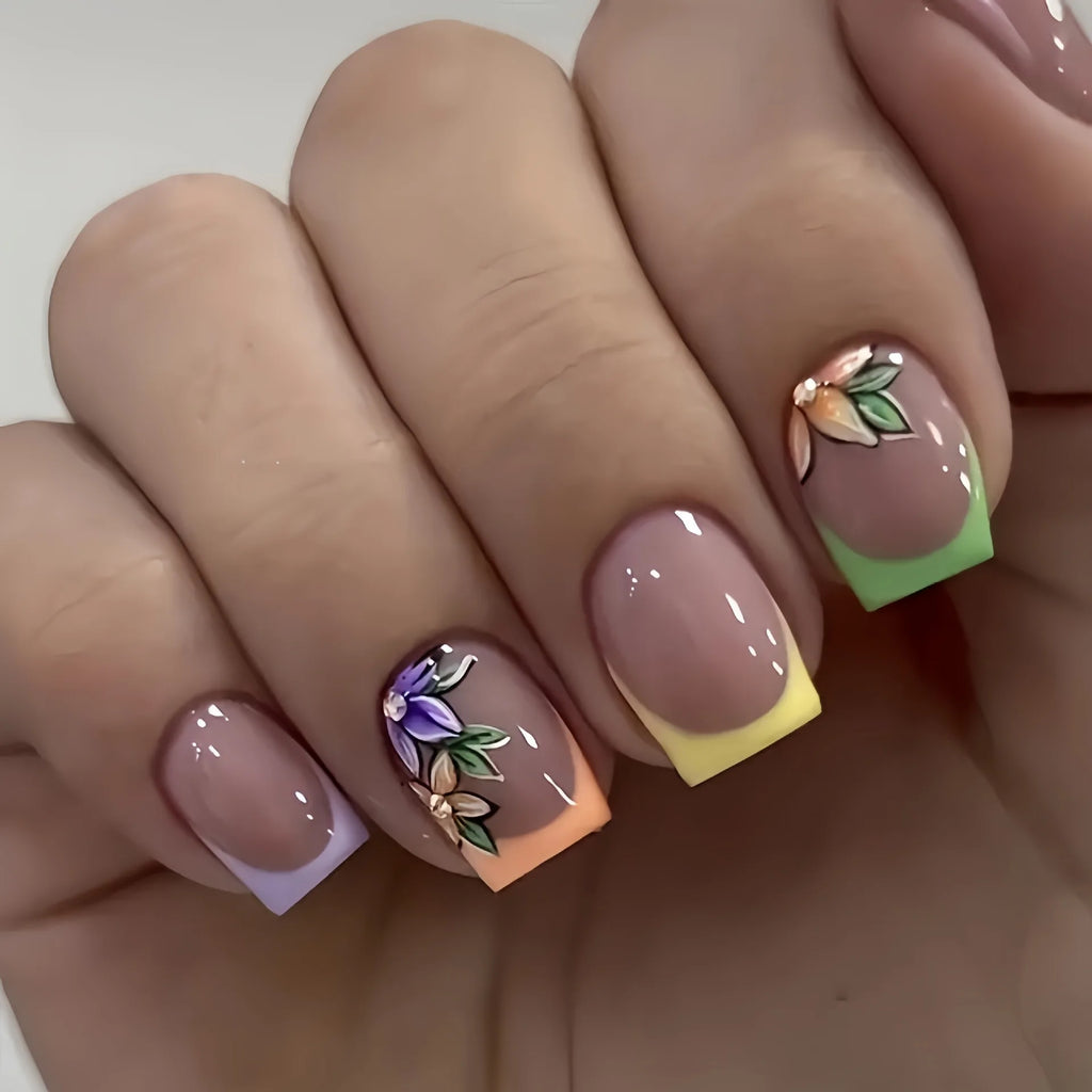 24Pcs Short Almond Press-On Nails Pink Floral French Tip Glossy&Elegant Full Cover Fake Nails for Women&Girls Spring,Daily Wear