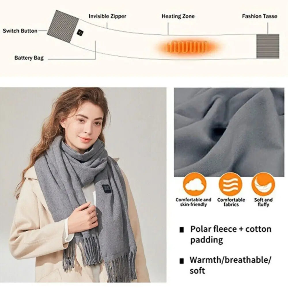 2025 USB Charging Electric Heated Scarf Rechargeable Adjustable Temperature Electric Winter Warmer Creative Unisex Warm Shawl