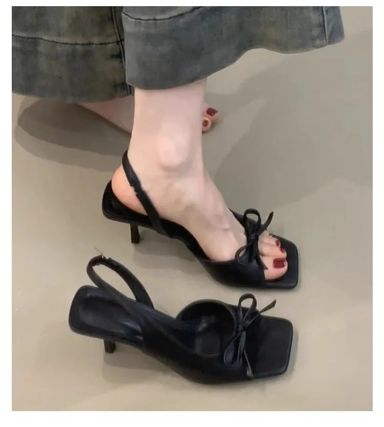 Women High-heeled Sandals 2025 Summer French Elegant Outdoor High Heels Fashion Butterfly-knot Thin Heel Outdoor Ladies Sandals