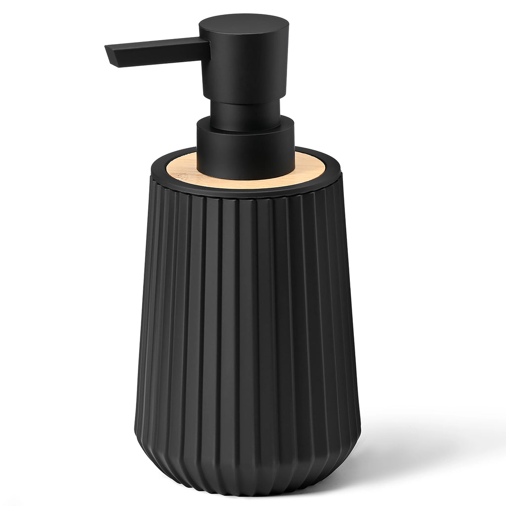 Modern Black Matte Soap Dispenser – Bamboo Trim