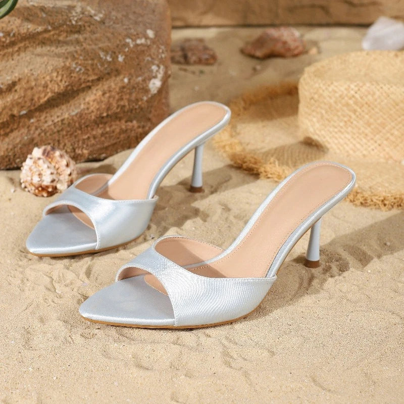 2026 New Arrival Women's Satin Mule Shoes High Heel Stiletto Slip On Sandals Fashion Elegant Party Wedding Shoes Champagne Beige