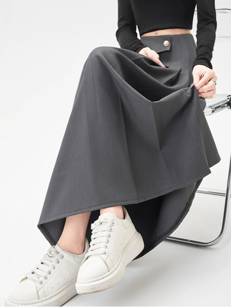 SMTHMA Women's High-Waisted Slimming Solid A- Line Skirt New Fashionable Big Umbrella Skirt Autumn/Winter Season Long Skirt