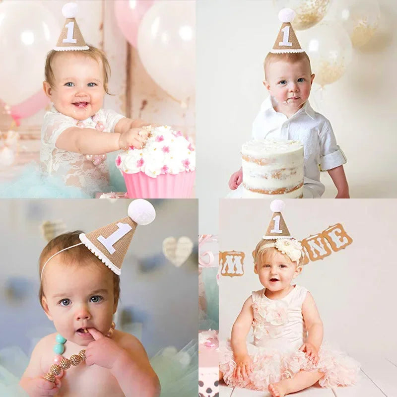 Burlap Baby Birthday Party Hat – Linen Felt, 1st–3rd Year