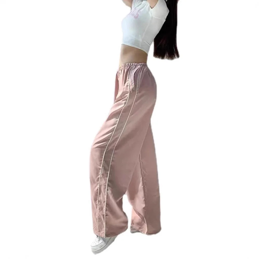 Women's Fashion Drawstring Both Sides Casual Elastic Waist Sports Pants High waist Loose Wide Leg Pants Trousers
