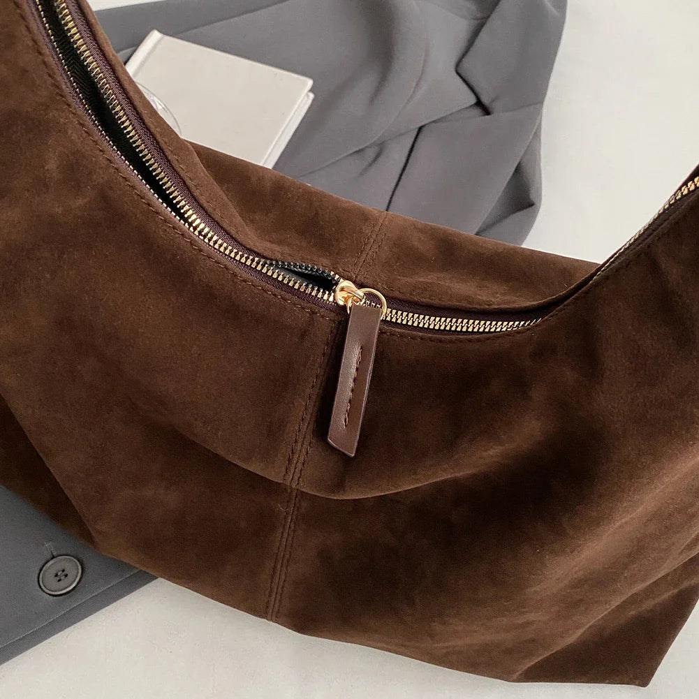 Women’s Suede Zipper Shoulder Hobo Bag – Large Capacity Slouchy Handbag for Travel & Commuting