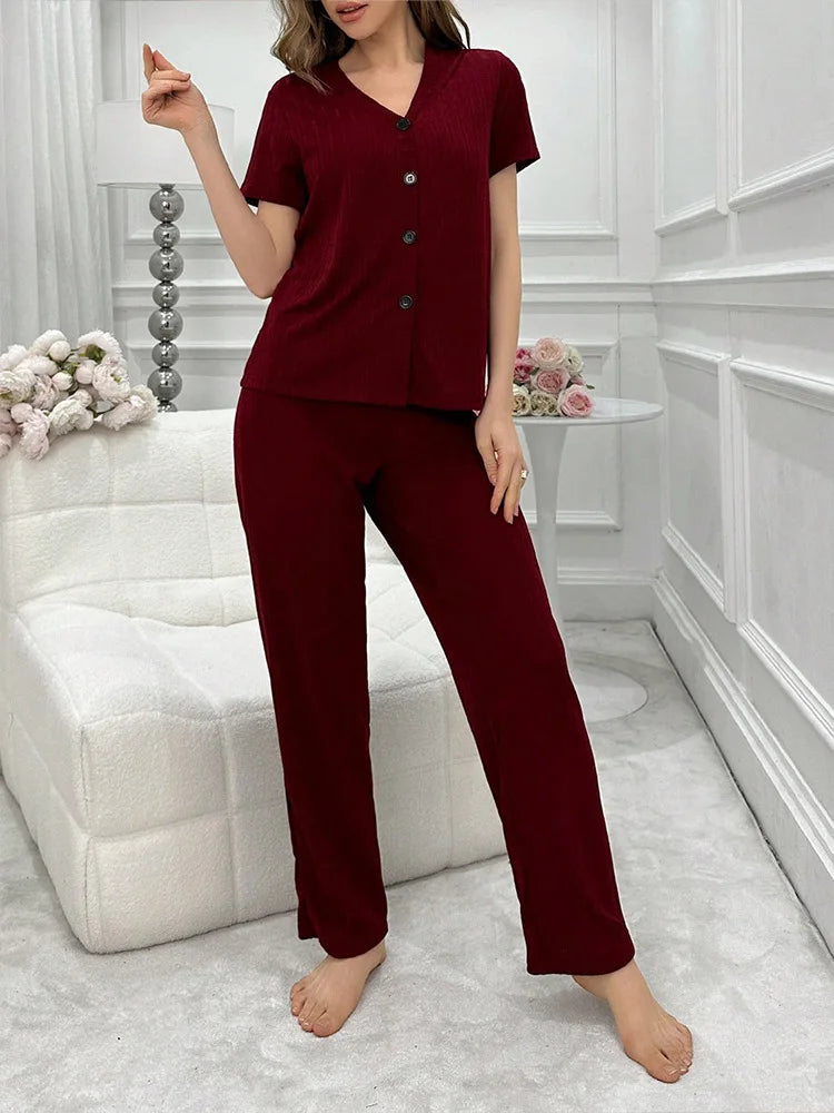 Women Summer Pajamas Set Short Sleeve V-neck Solid Rib T-shirt with Pants Loose Sleepwear Homewear Female Casual Loungewear