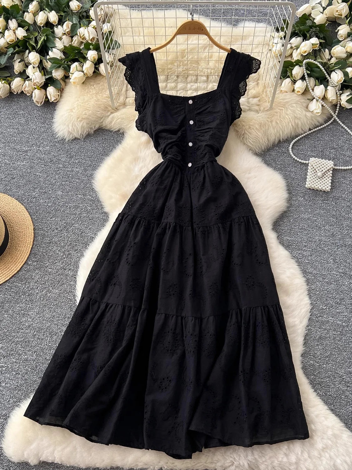 2025 Vintage Summer Elegant Square Neck Dress Lace Embroidered Cinched Waist Vestidos for Women Elegant Party Dress New Fashion