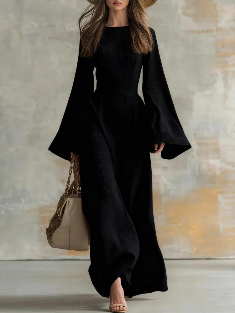 New Spring Elegant Crew Neck Long Dresses Woman Solid Tie-up Bowknot Slim Party Dress Autumn Flare Sleeve Loose Maxi Dress