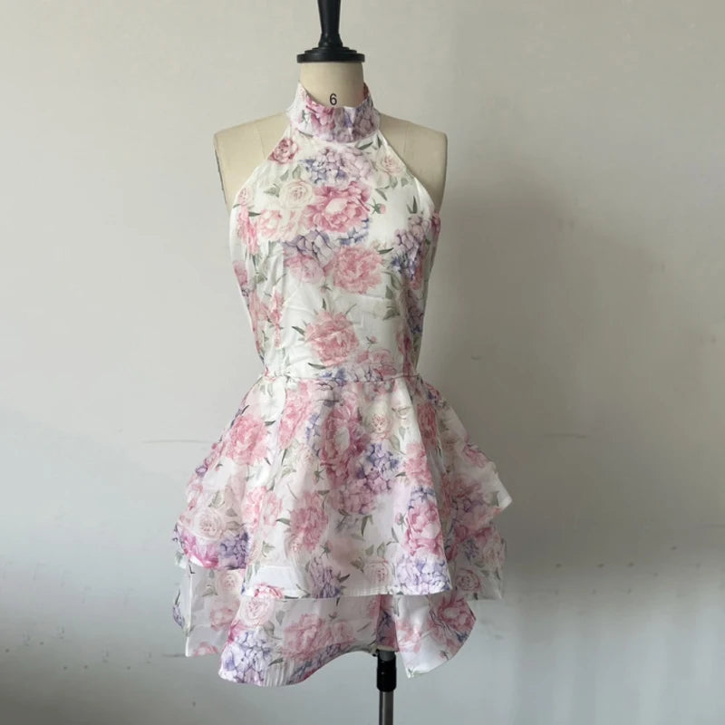 2025 Chiffon Floral Print Layered Women Mini Dresses Sweet Boat Neck Ruffles Flounce Retract Waist Robe Lady Beach Party Vestido