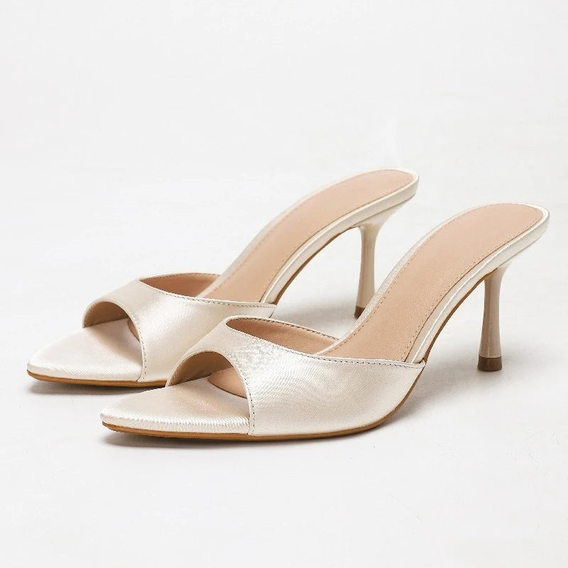 2026 New Arrival Women's Satin Mule Shoes High Heel Stiletto Slip On Sandals Fashion Elegant Party Wedding Shoes Champagne Beige