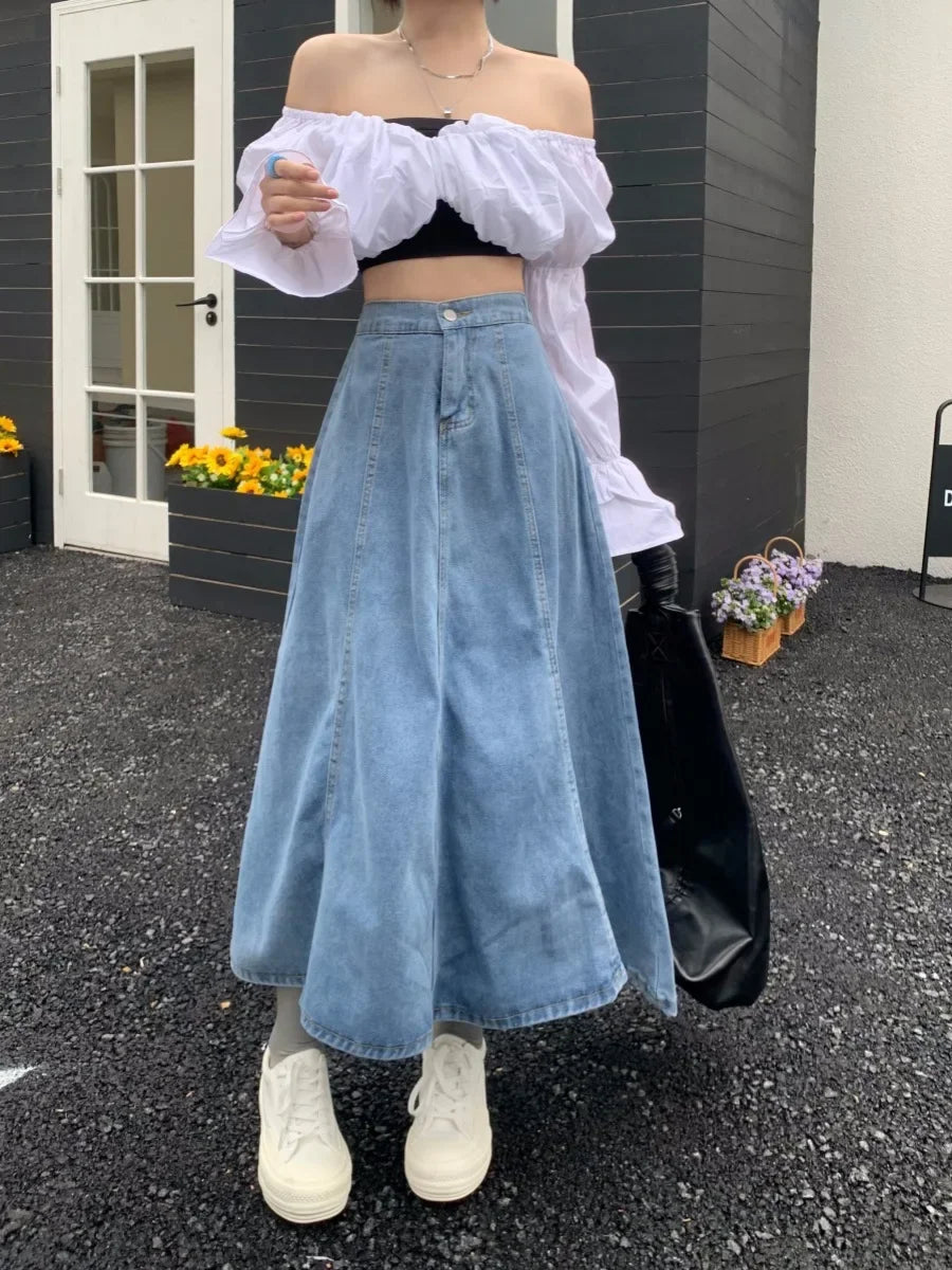 High Waist A- Line Midi Denim Skirt Women's Elastic Waist Design Sensation Slimming Long Skirt Summer Fashion Half-length Skirt
