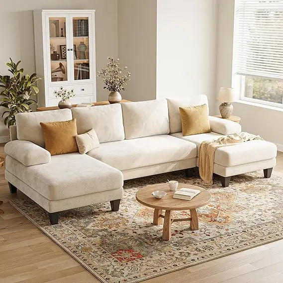Beige 112-Inch U-Shaped Sectional Sofa with Double Chaise for Apartments