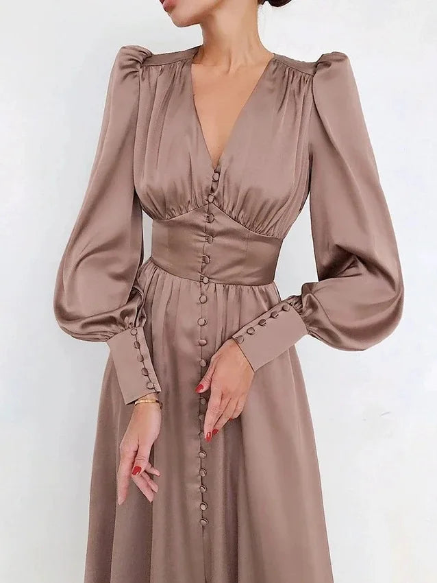 2026 Women's Fashion Satin Dress Lantern Sleeve Waist Slimming Style Elegant Slim Long Dress