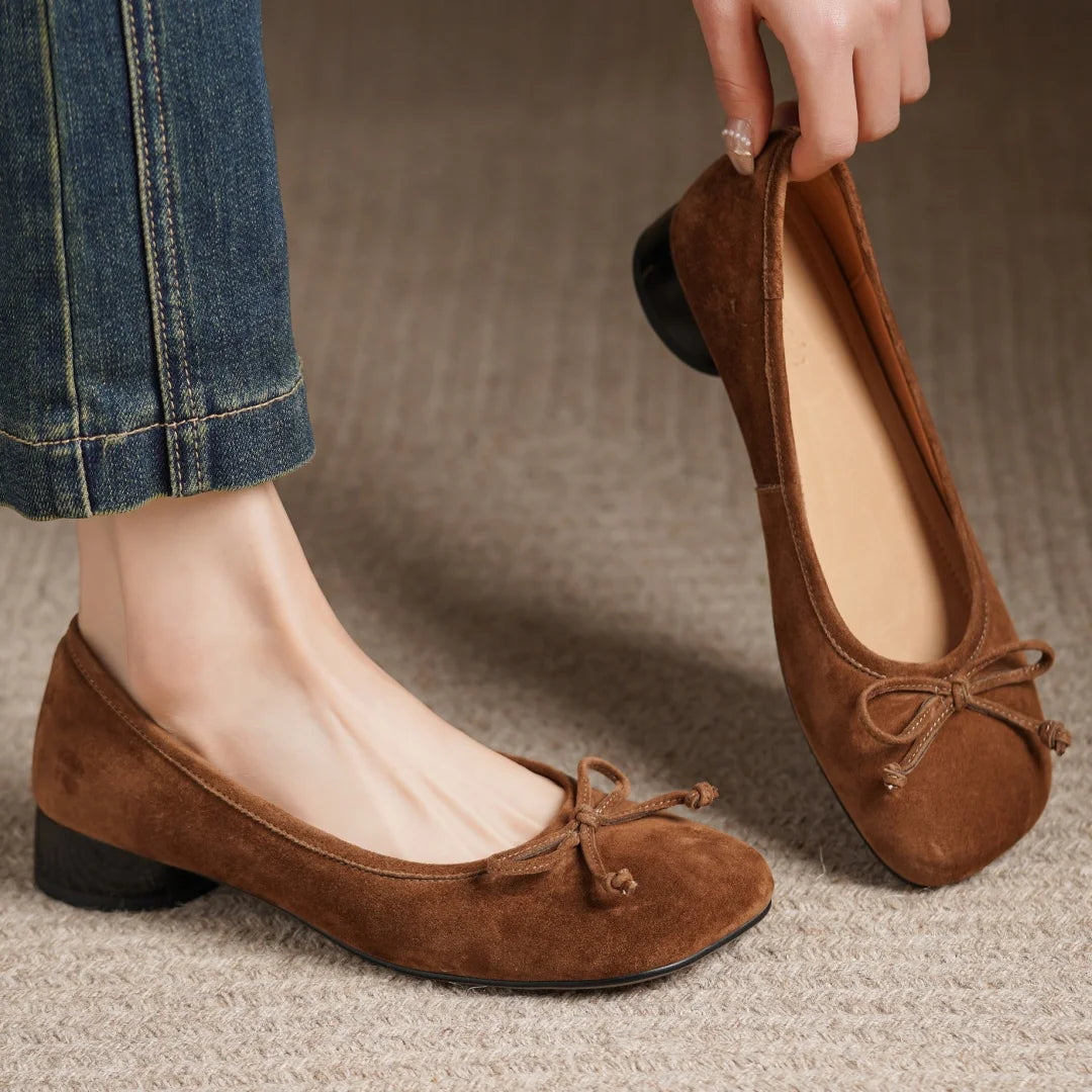 Women's natural suede leather square toe slip-on flats 3cm round low heel sweet bowtie casual female four season shoes for woman