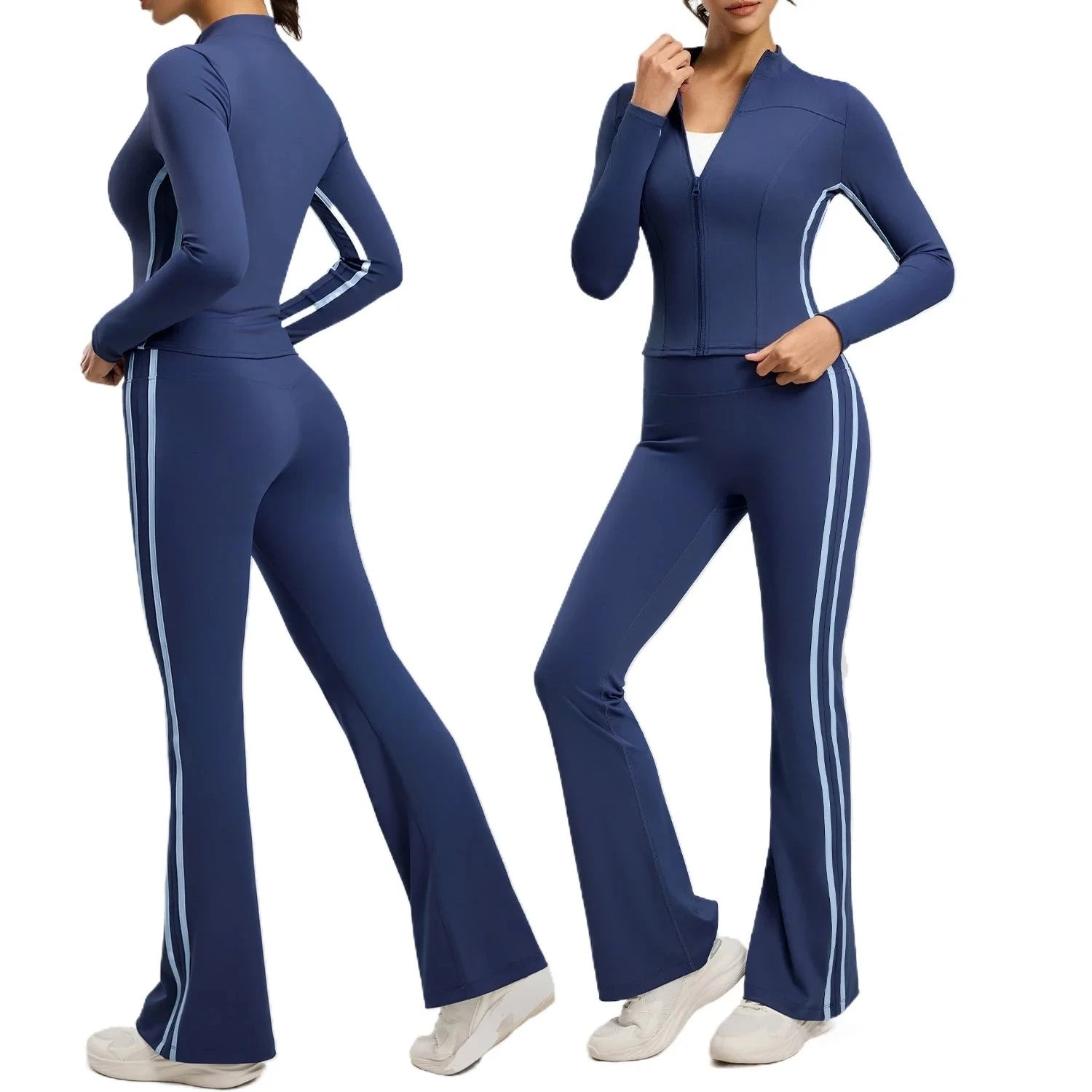 Striped 2pcs Yoga Gym Set Women Long Sleeve Zipper Sport Jacket Hip Lifting Leggings Fitness Running Tops Flare Pants Tracksuit