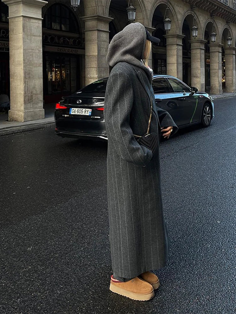 Vintage Women's Striped Woolen Overcoat Long Sleeve Fashion Lapel Oversized Coat 2025 Autumn Winter Commute Jacket for Ladies