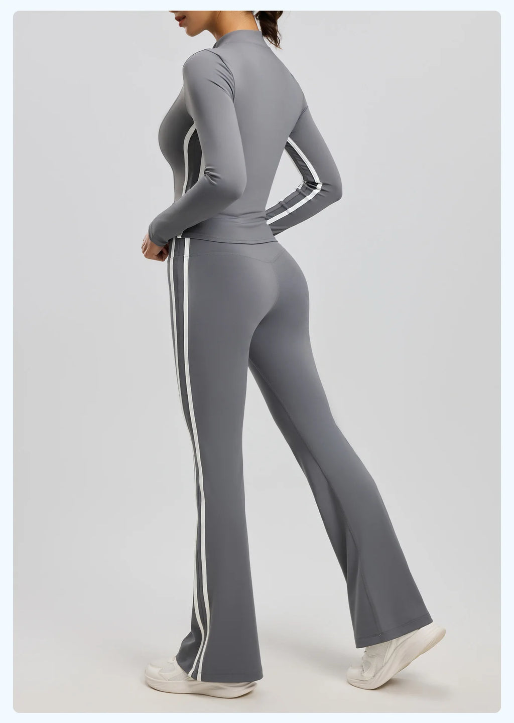 Striped 2pcs Yoga Gym Set Women Long Sleeve Zipper Sport Jacket Hip Lifting Leggings Fitness Running Tops Flare Pants Tracksuit