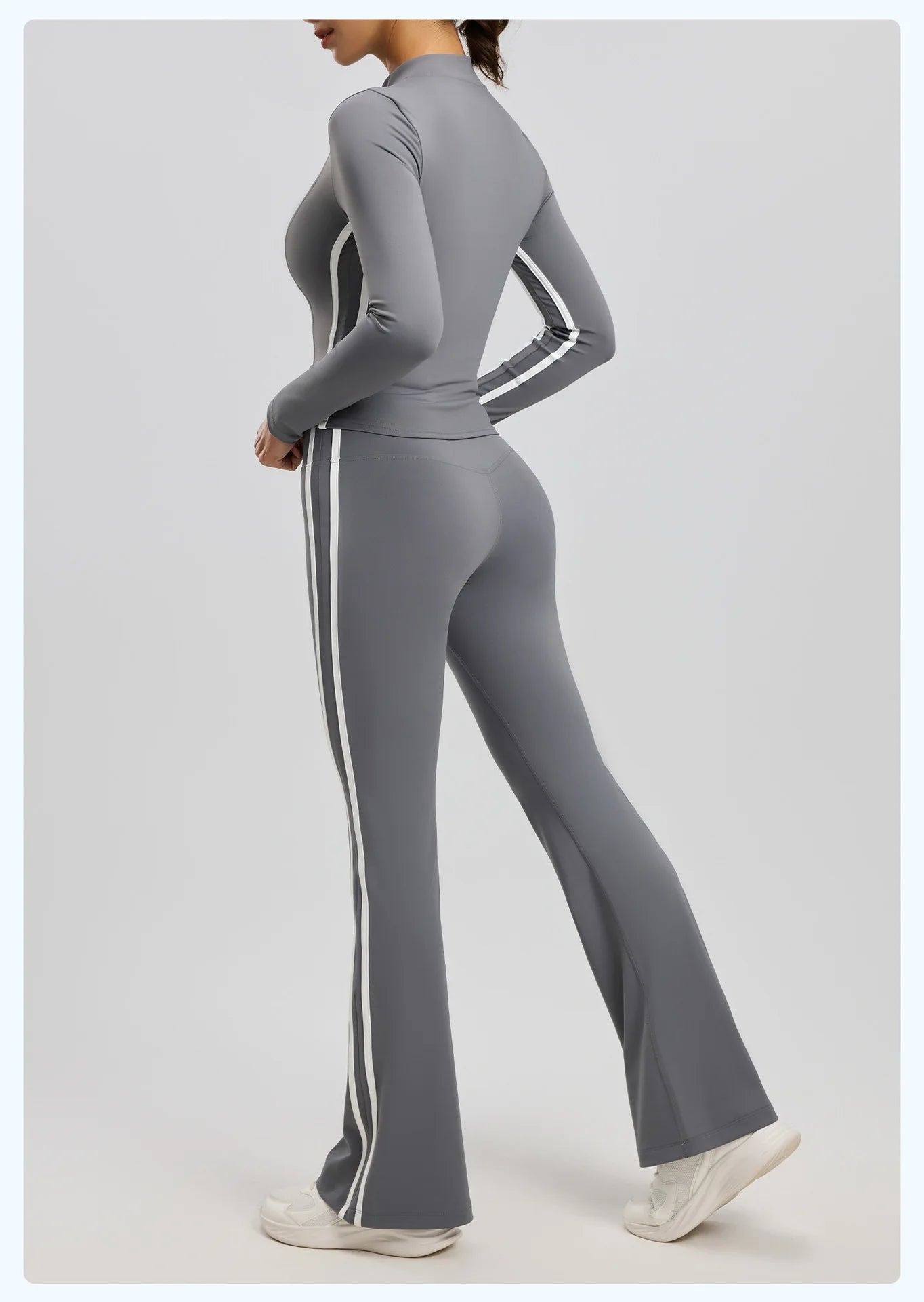 Striped 2pcs Yoga Gym Set Women Long Sleeve Zipper Sport Jacket Hip Lifting Leggings Fitness Running Tops Flare Pants Tracksuit
