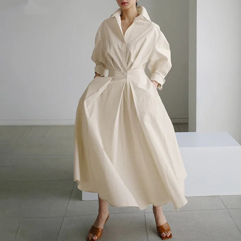 2026 Women's Oversized Elegant Cotton Linen Sundress Lapel Neck High Waist Long Sleeve Long Shirt Dress OL Vestidos Robe Femme