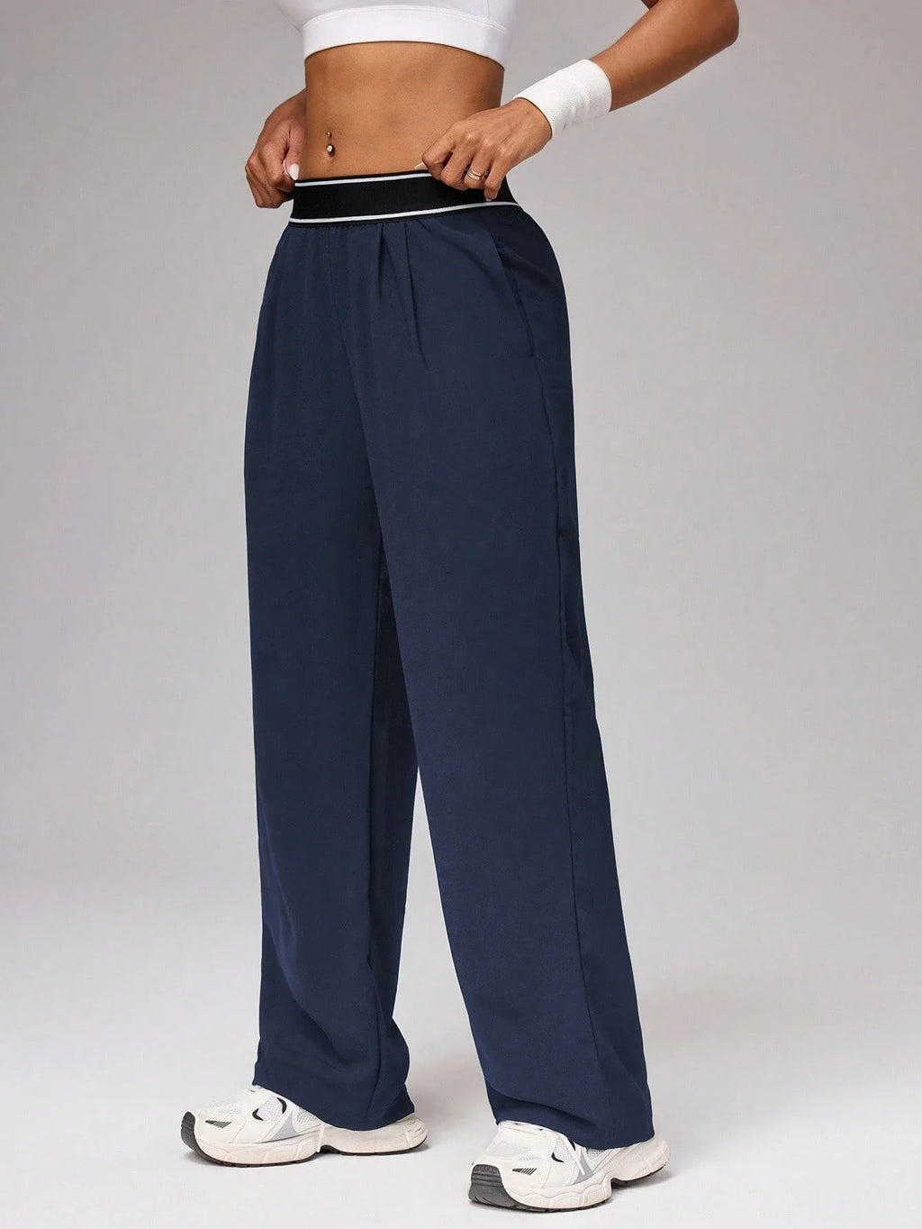 Women's High Waist Wide Leg Pants, Striped Waistband Loose Fit Casual Trousers, Lightweight Breathable Workout Joggers