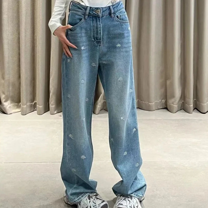 Spring 2025 High Waist Loose Fit Glitter Embroidered Floral Denim Pants Women's Wide Leg Jeans Stylish Casual High Waist