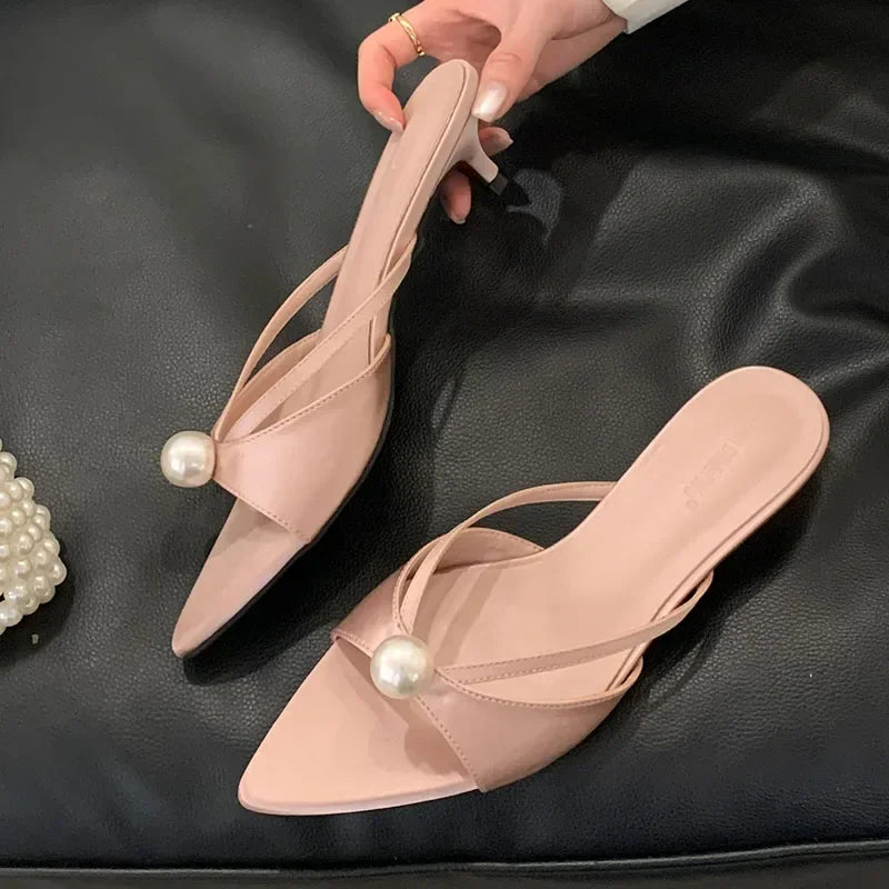 New 2025 Summer Open Toe Women Slippers Sexy Pointed Toe Slides Sandals Elegant Pearls Decoration Thin High Heels for Women