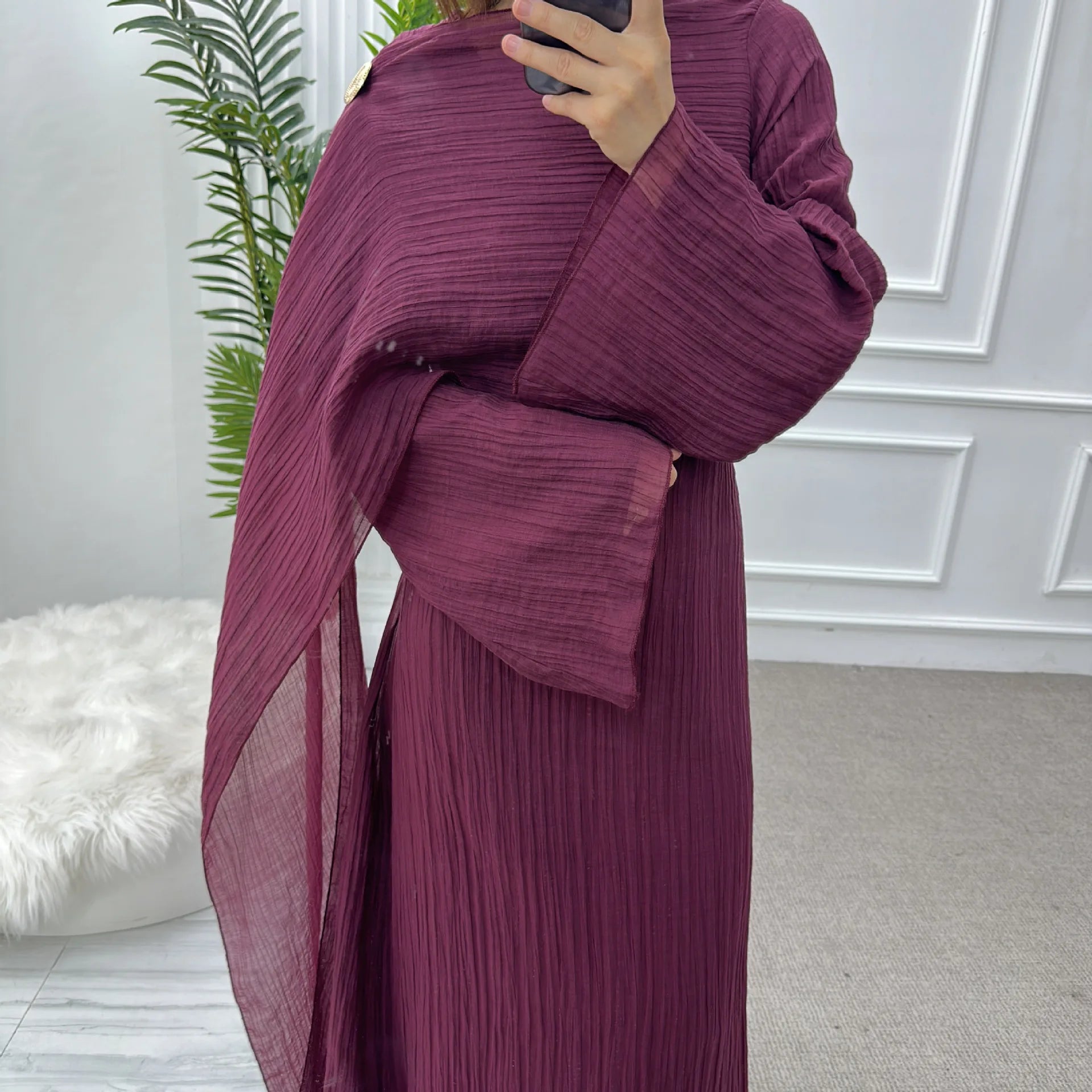 Two Piece Middle East Muslim Cardigan Set for Women Ramadan Eid Dubai Modest Abaya Dress Elegant Islam Solid Turkey Robe Outfit