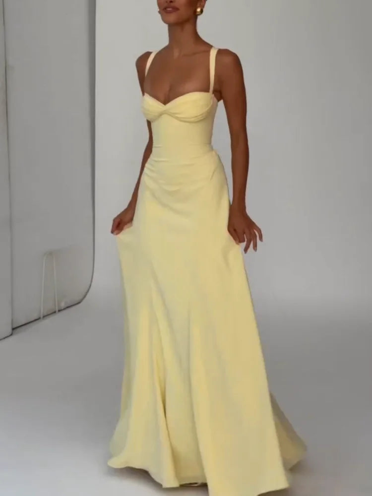 Yellow Low Cut Backless Long Dress Women Chic Lace Up High Waist Sleeveless Waist Cinching Slim Sling Dresses Lady Party Robes