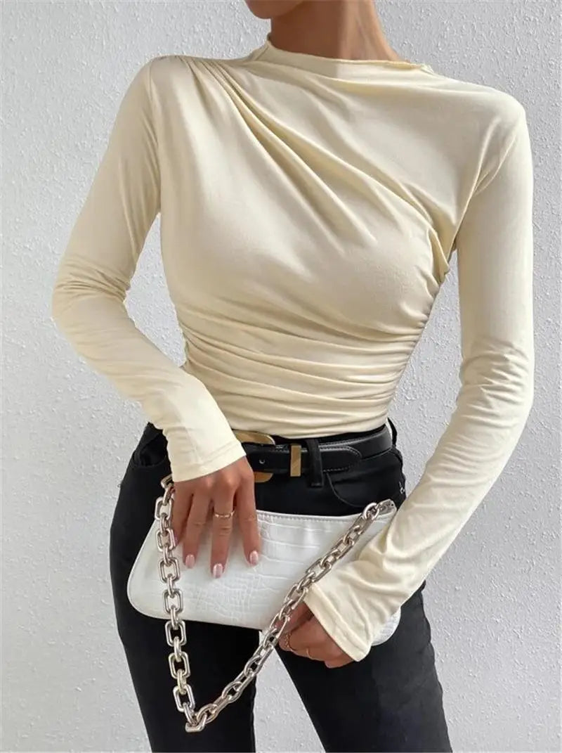 Women's Pleated Long Sleeve T-Shirt Bodycon Fit Polyester Spandex Blend Drawstring Closure  Color European Style Top