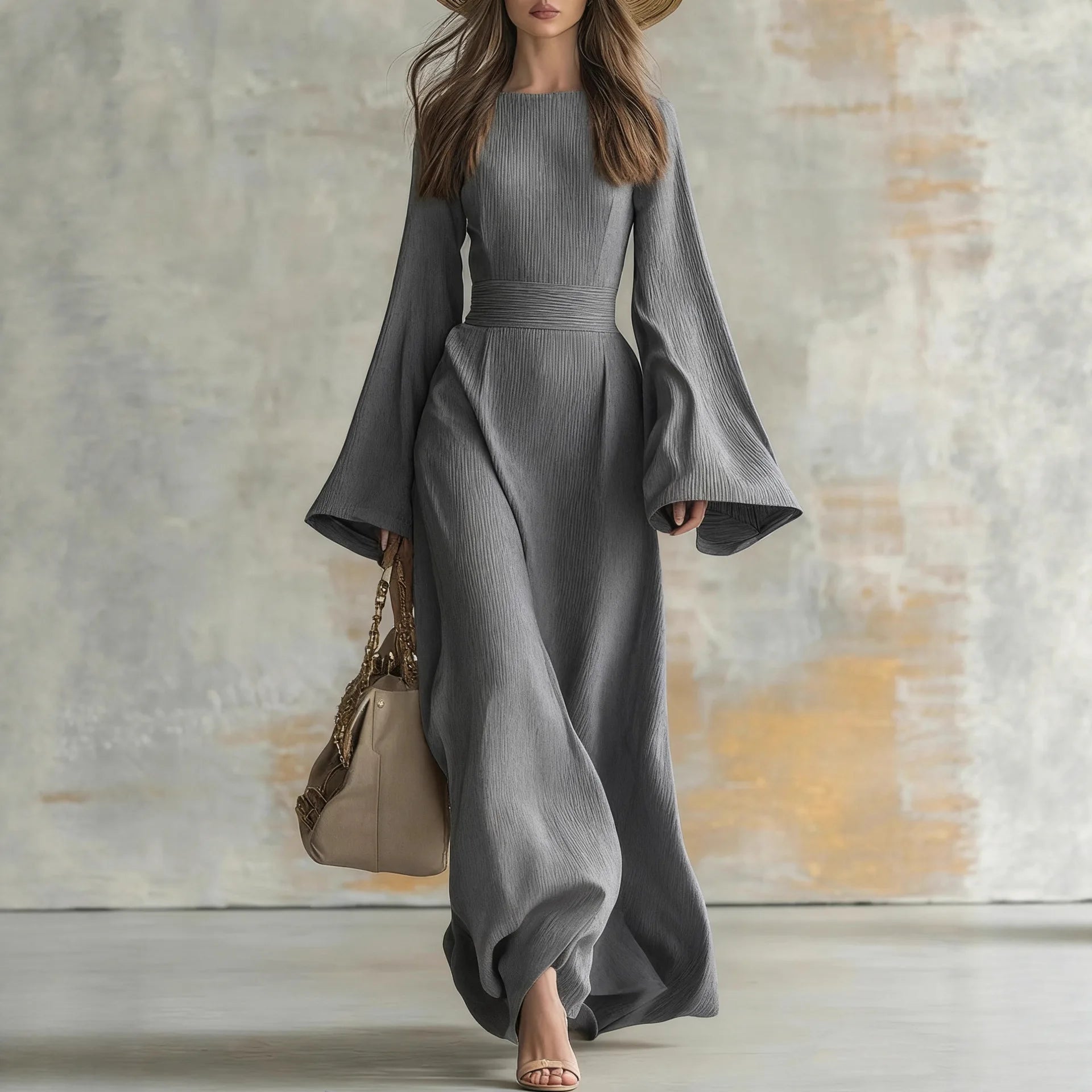 New Spring Elegant Crew Neck Long Dresses Woman Solid Tie-up Bowknot Slim Party Dress Autumn Flare Sleeve Loose Maxi Dress